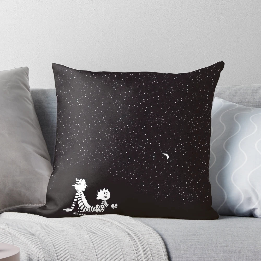 Calvin and Hobbes character illustration on a soft, plush pillow