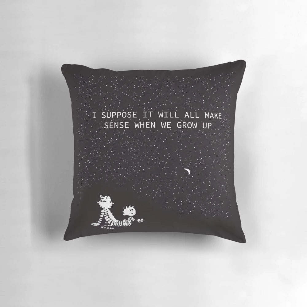 Colorful Calvin and Hobbes illustration on a cozy pillow, capturing the spirit of the beloved comic strip.