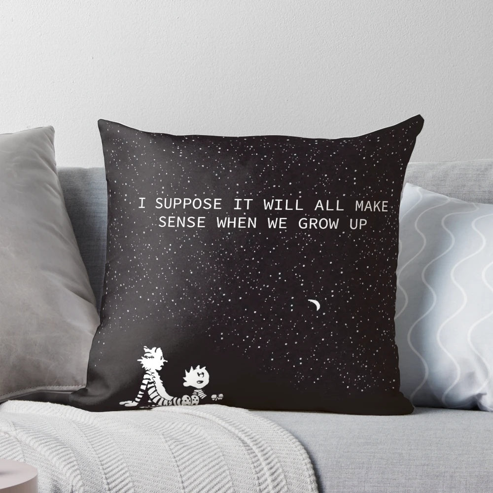 Colorful Calvin and Hobbes illustration on a cozy pillow, capturing the spirit of the beloved comic strip.