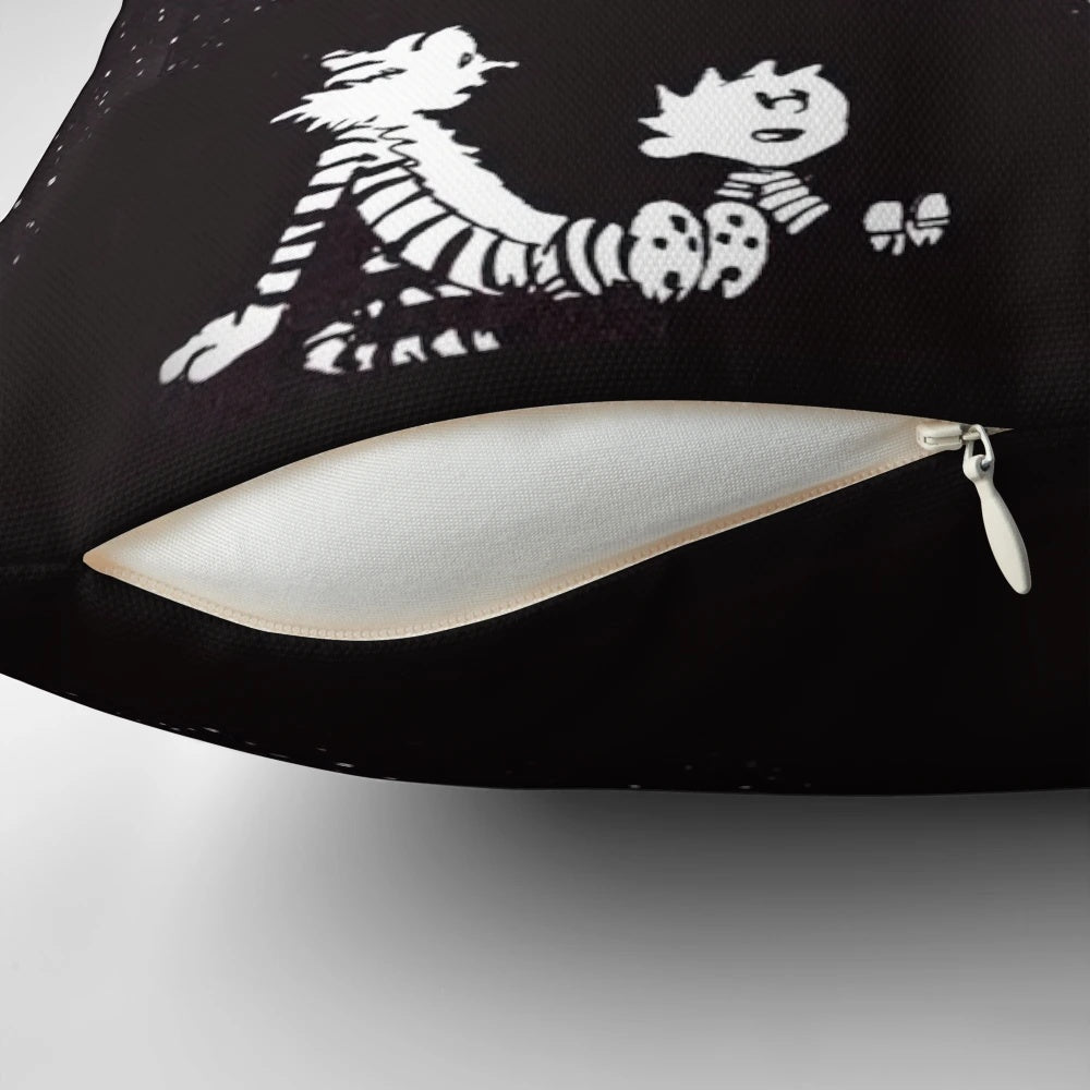 Colorful Calvin and Hobbes illustration on a cozy pillow, capturing the spirit of the beloved comic strip.