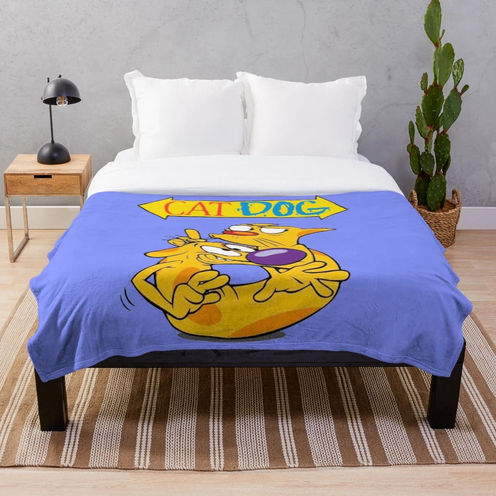 Cozy CatDog plush blanket featuring retro cartoon design