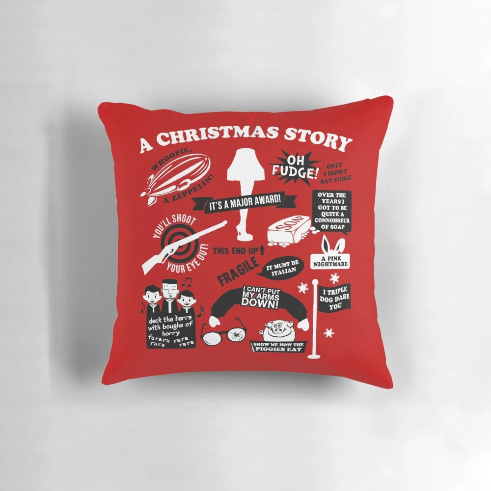 Decorative pillow featuring iconic quotes and scenes from the classic Christmas movie "A Christmas Story"