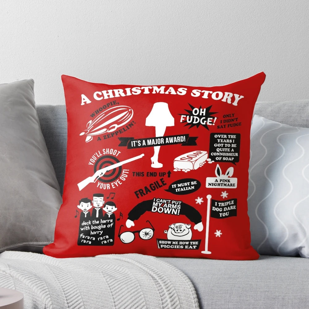 Decorative pillow featuring iconic quotes and scenes from the classic Christmas movie "A Christmas Story"