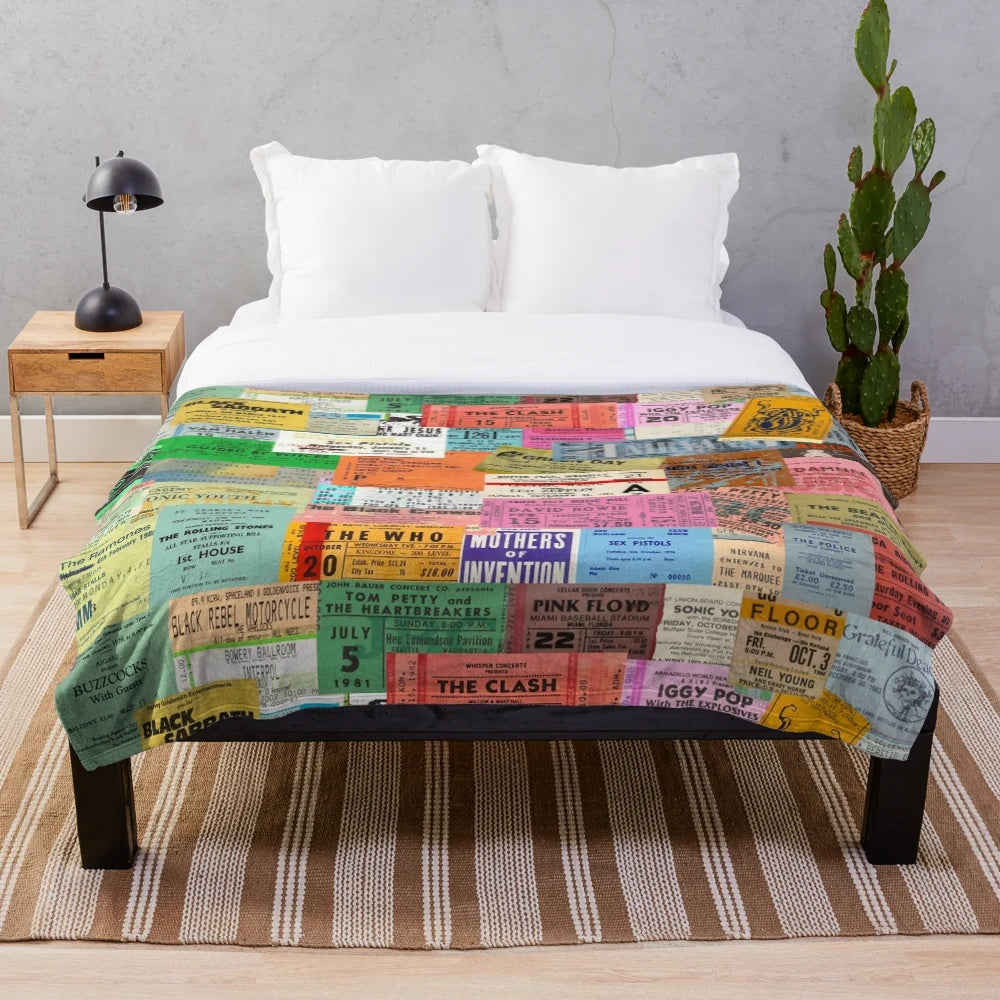 Plush blanket featuring vintage concert ticket stubs