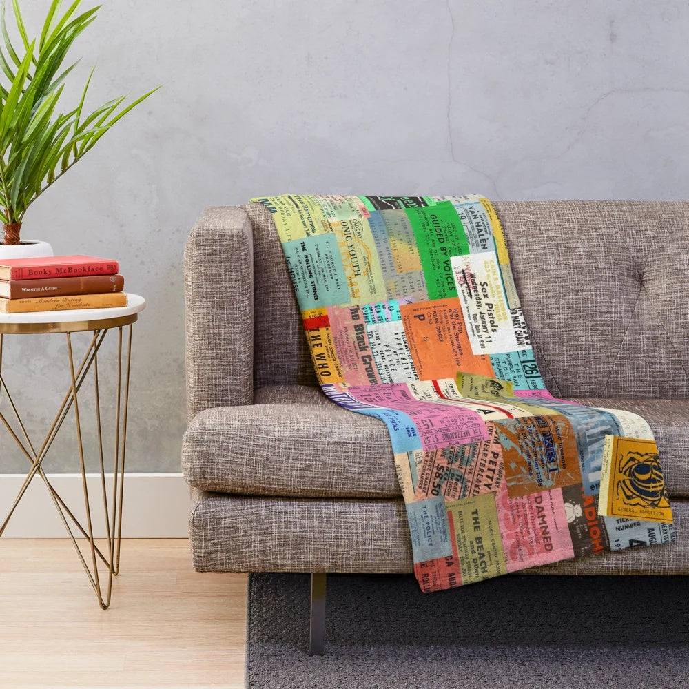 Plush blanket featuring vintage concert ticket stubs