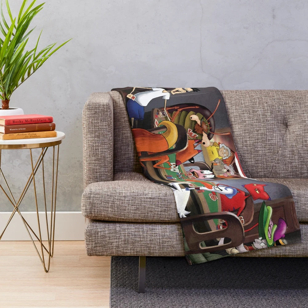 Courage the Cowardly Dog-inspired plush blanket with dogs playing poker
