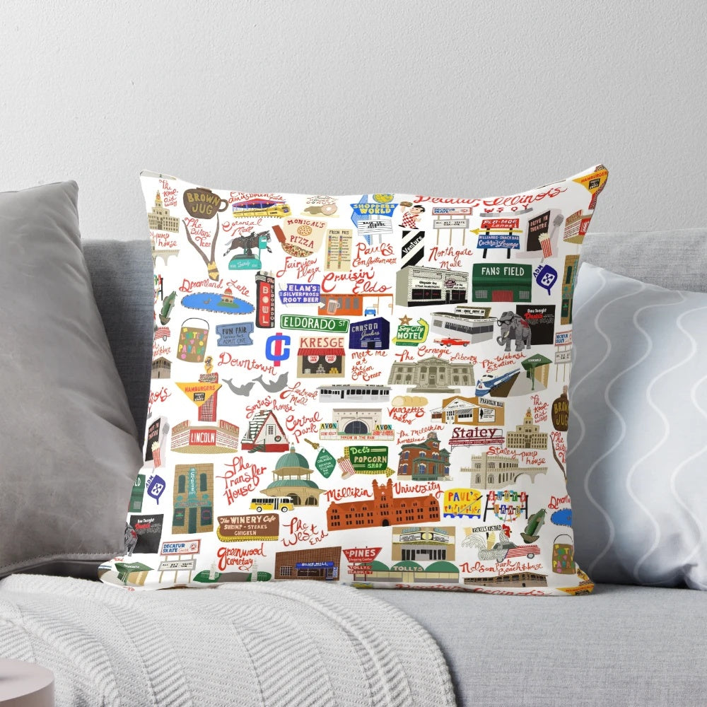 A cozy pillow featuring vintage landmarks and scenes from Decatur, Illinois.