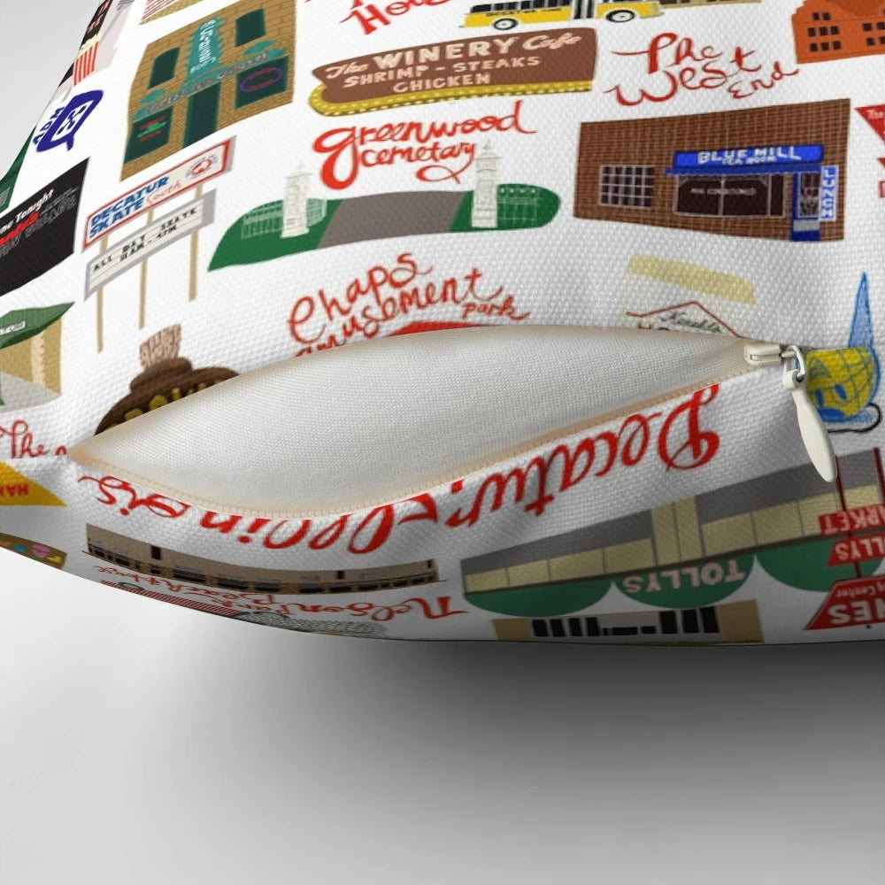 A cozy pillow featuring vintage landmarks and scenes from Decatur, Illinois.