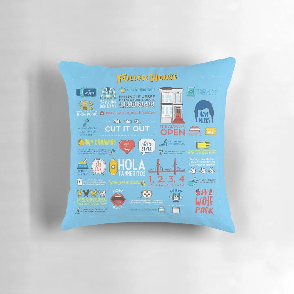 A white pillow with the text "Fuller House Quotes" printed on it.