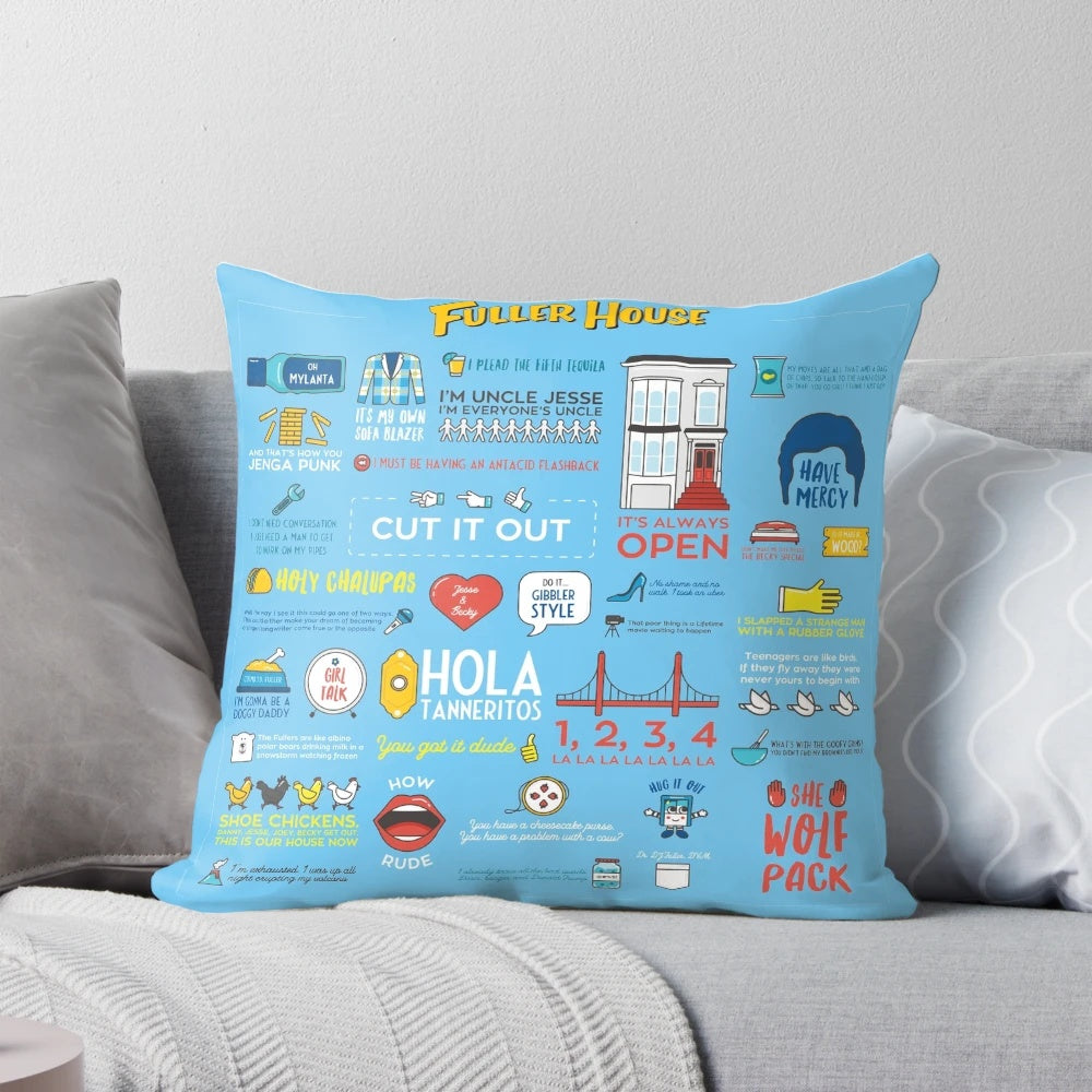A white pillow with the text "Fuller House Quotes" printed on it.
