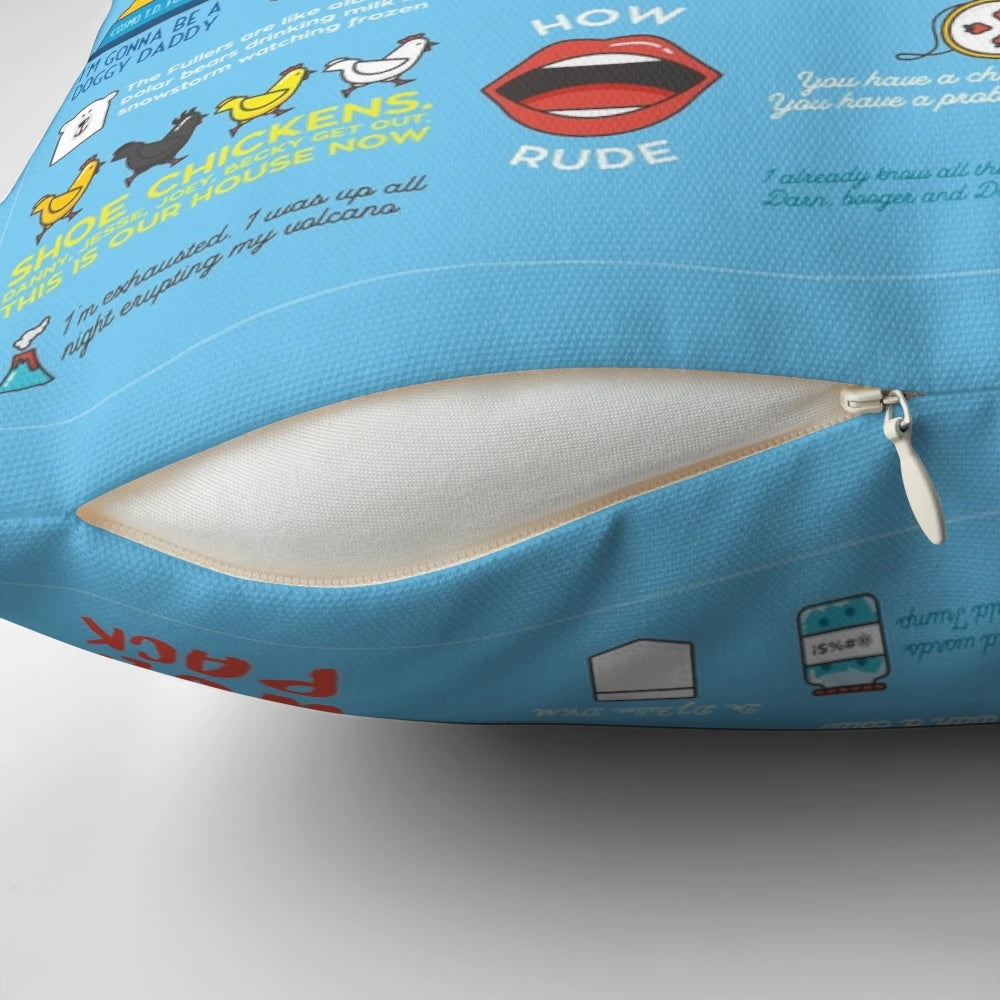 A white pillow with the text "Fuller House Quotes" printed on it.