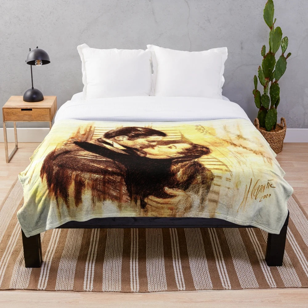 Gone with the Wind themed plush blanket with classic movie imagery