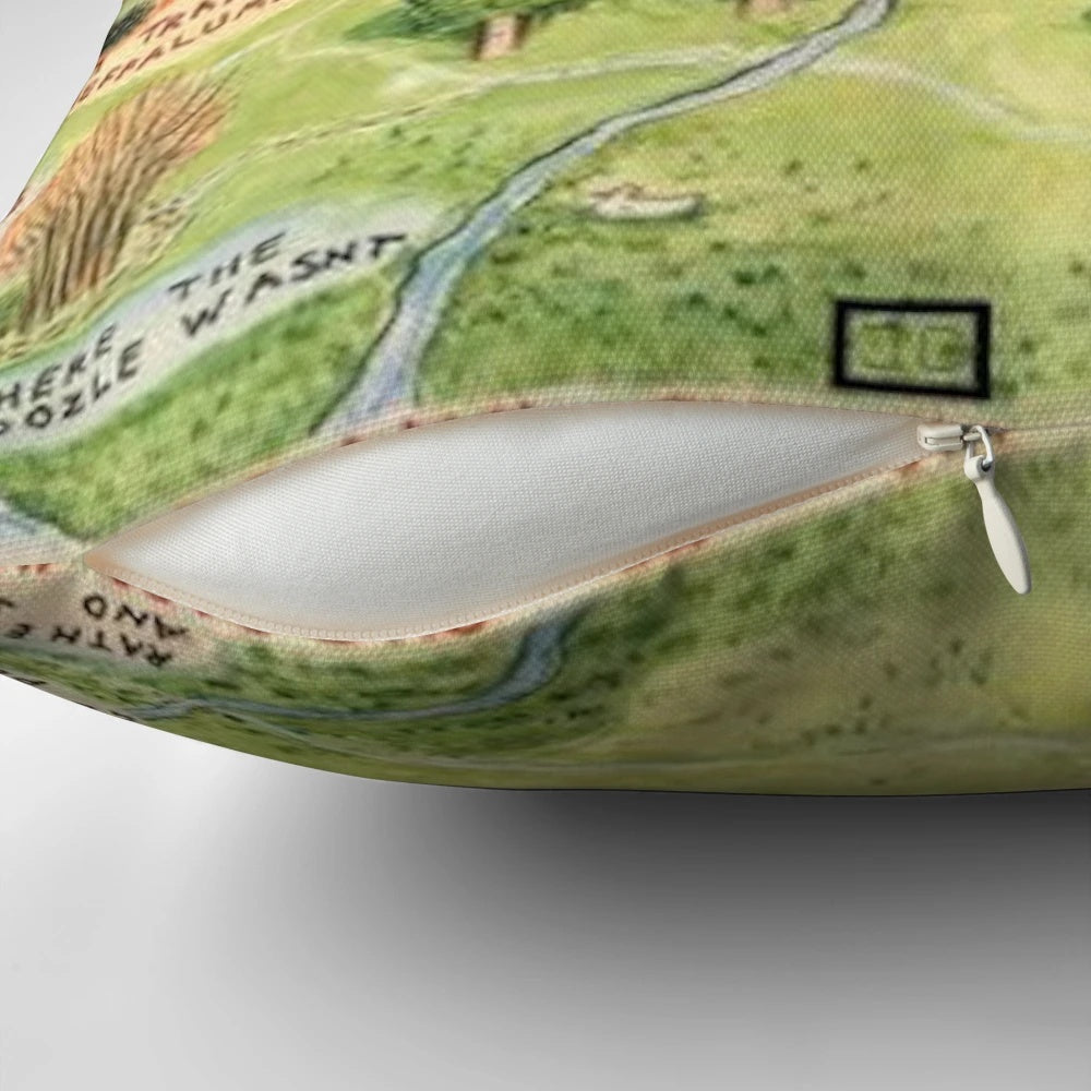 A cozy Hundred Acre Woods map pillow, featuring the beloved Winnie the Pooh characters.