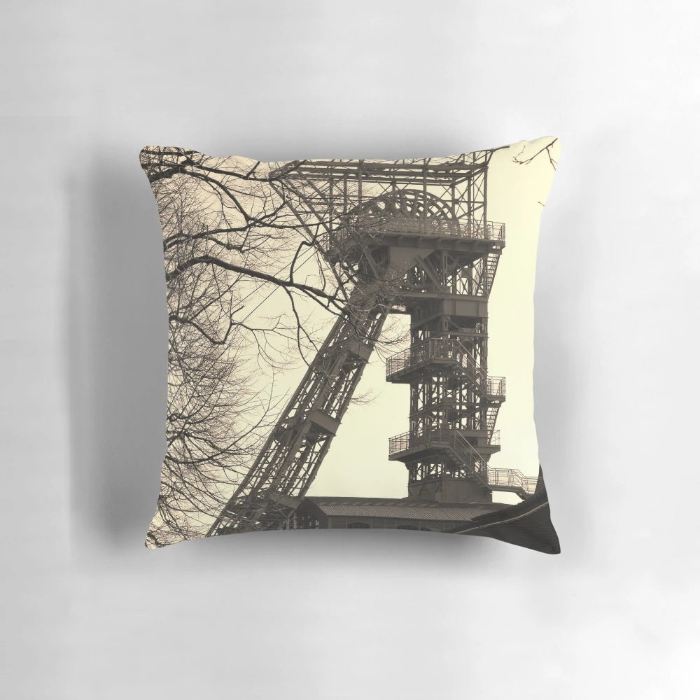 Pillow featuring a winding tower and headframe, representing the industrial culture and coal mining history of the Ruhr area in Germany.