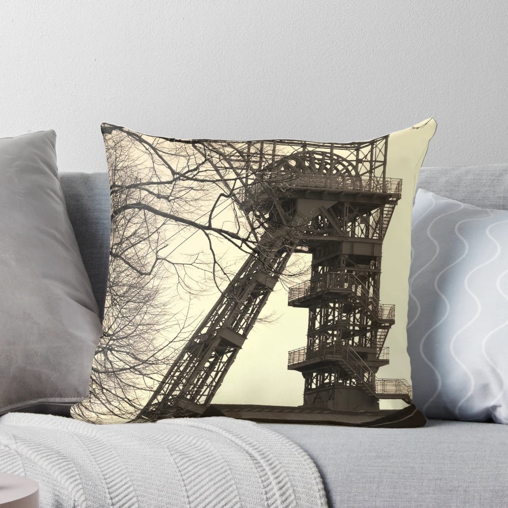 Pillow featuring a winding tower and headframe, representing the industrial culture and coal mining history of the Ruhr area in Germany.