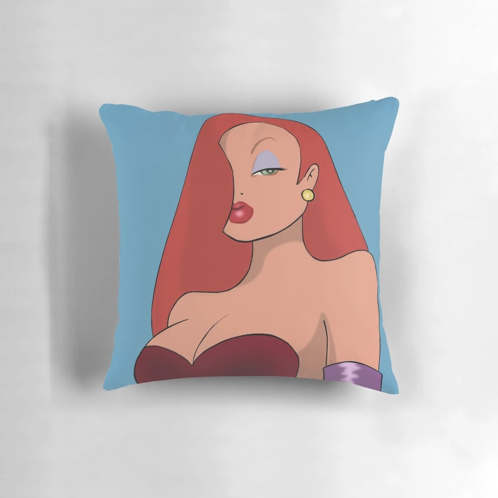 Soft, plush Jessica Rabbit pillow with vibrant red and pink colors, inspired by the iconic 80s cartoon movie.