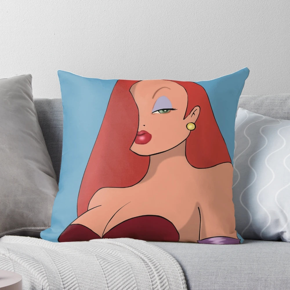 Soft, plush Jessica Rabbit pillow with vibrant red and pink colors, inspired by the iconic 80s cartoon movie.