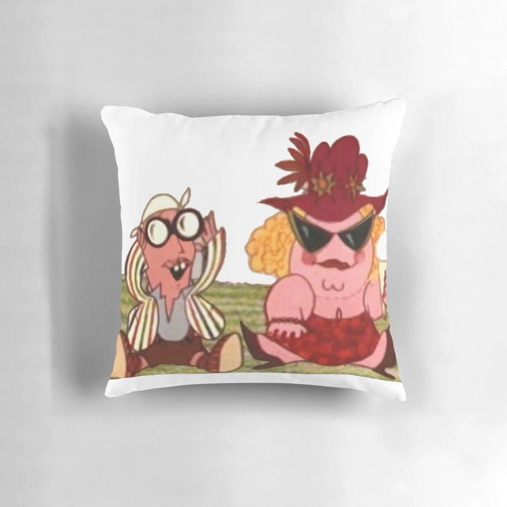 Colorful, retro-style pillow featuring the iconic characters Joe and Petunia from the classic British television animation.