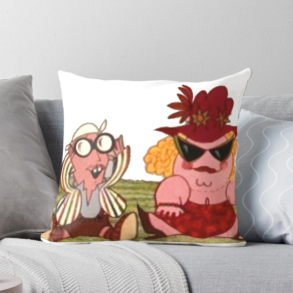 Colorful, retro-style pillow featuring the iconic characters Joe and Petunia from the classic British television animation.