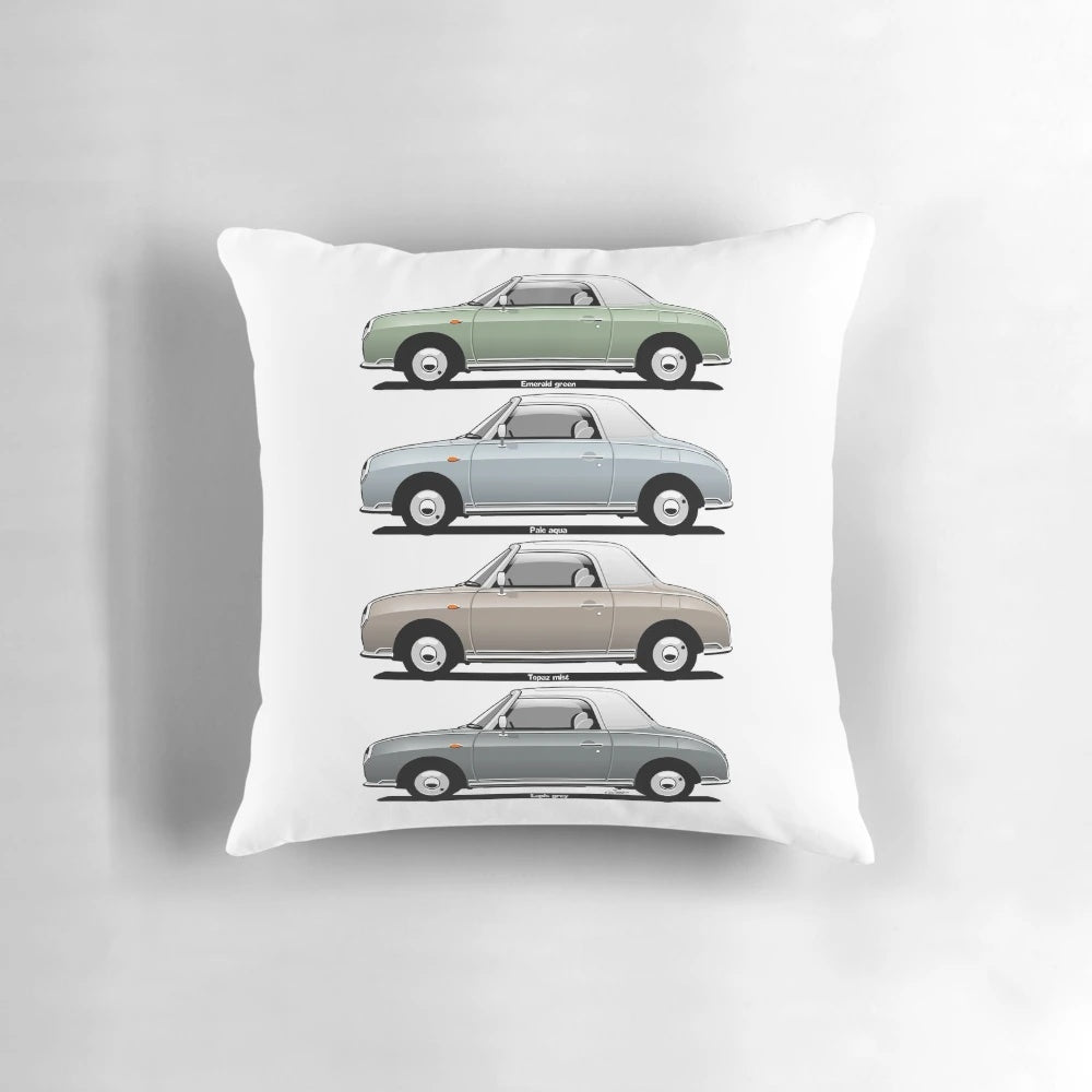 Nissan Figaro retro car caricature printed on a soft, pale blue pillow