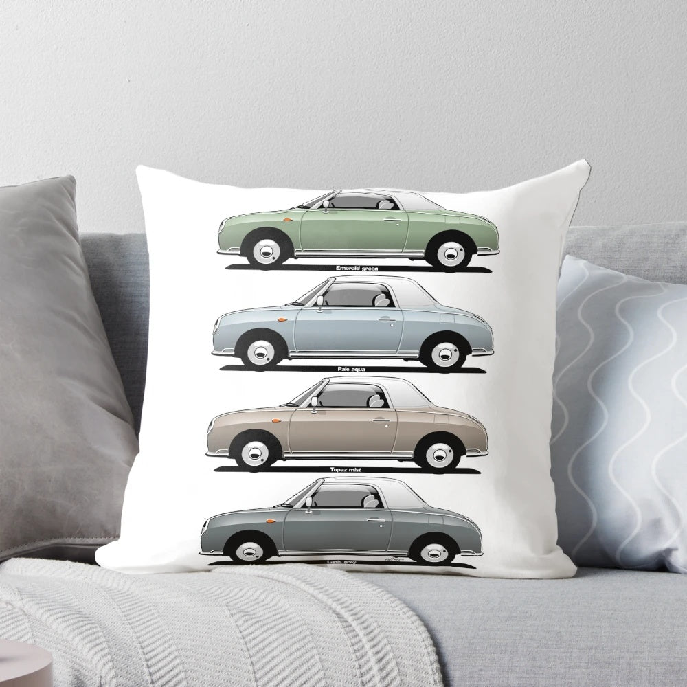 Nissan Figaro retro car caricature printed on a soft, pale blue pillow