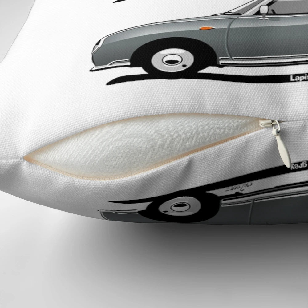 Nissan Figaro retro car caricature printed on a soft, pale blue pillow