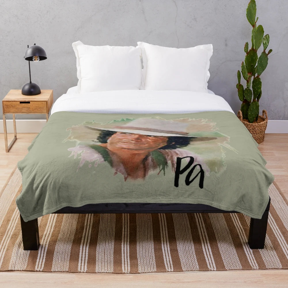 Pa Ingalls inspired plush blanket featuring iconic Little House on the Prairie imagery