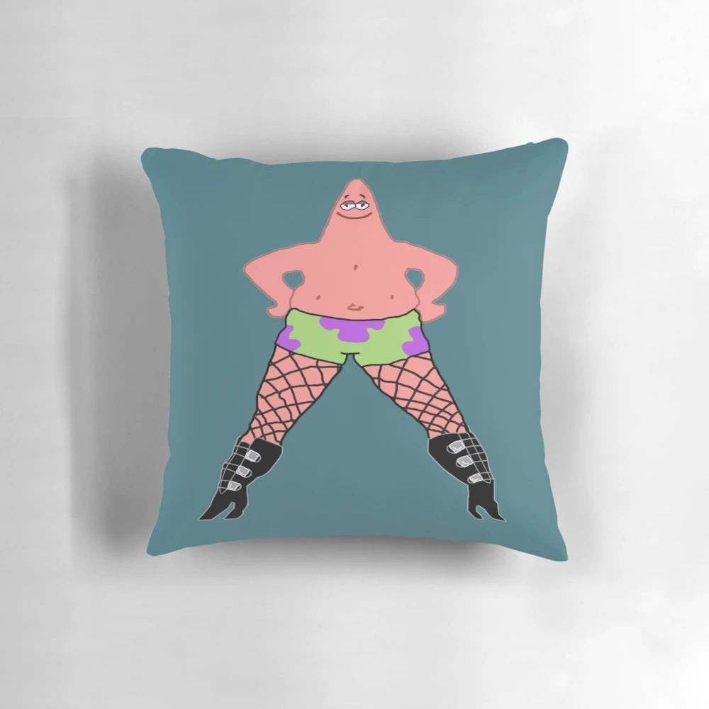 Vibrant, whimsical pillow featuring the iconic character Patrick Star from the classic Nickelodeon series Spongebob Squarepants.