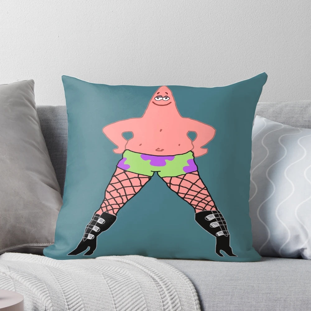 Vibrant, whimsical pillow featuring the iconic character Patrick Star from the classic Nickelodeon series Spongebob Squarepants.