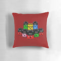Decorative pillow with illustrations of vintage Hoover vacuum cleaners and their iconic characters