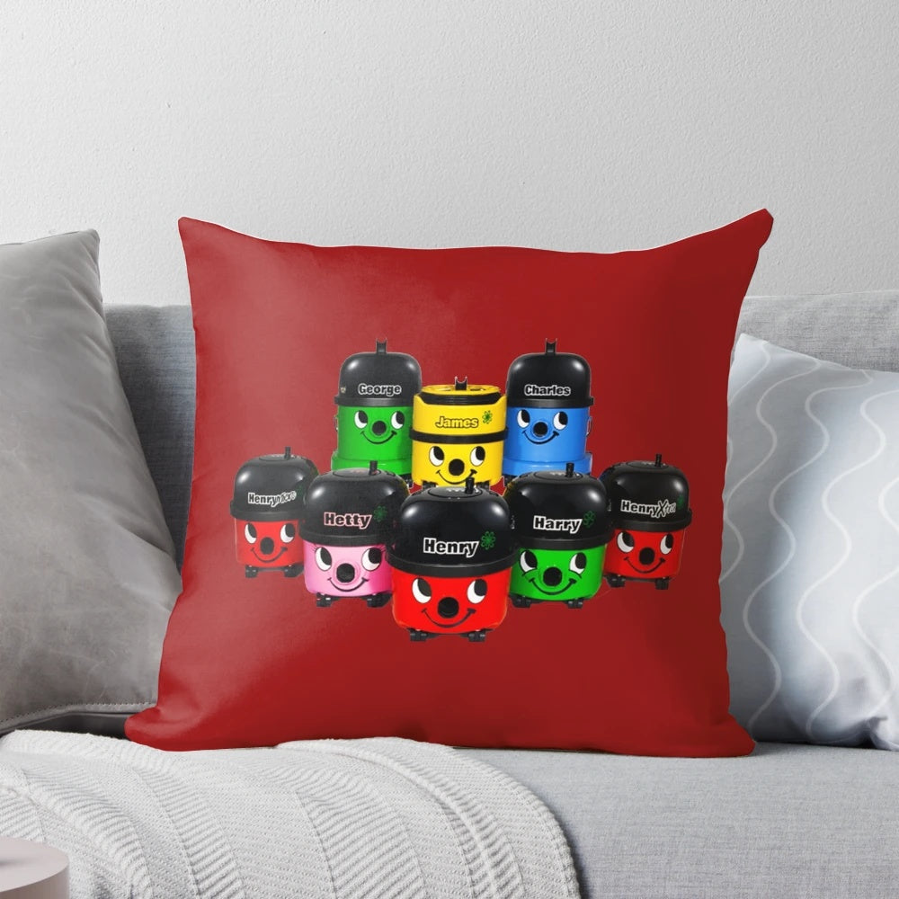 Decorative pillow with illustrations of vintage Hoover vacuum cleaners and their iconic characters
