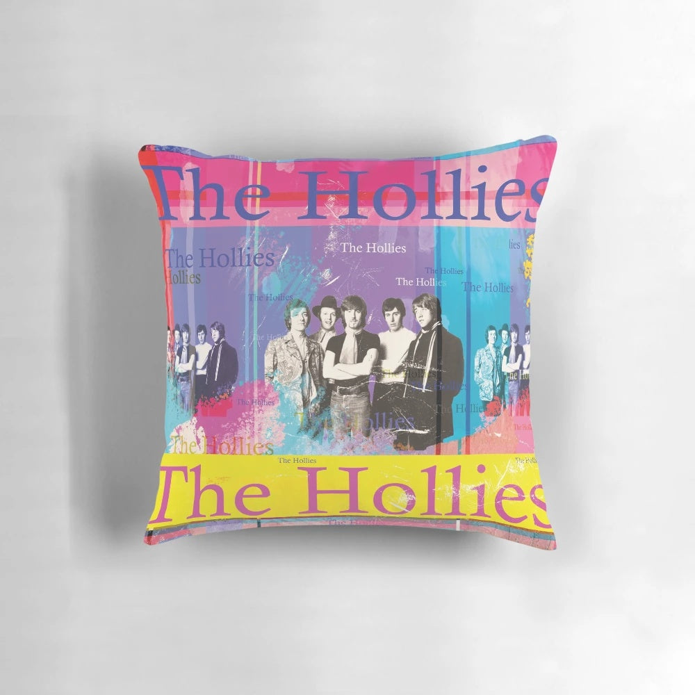 A nostalgic retro portrait of the 1960s pop band The Hollies, featuring a vibrant digital collage design.