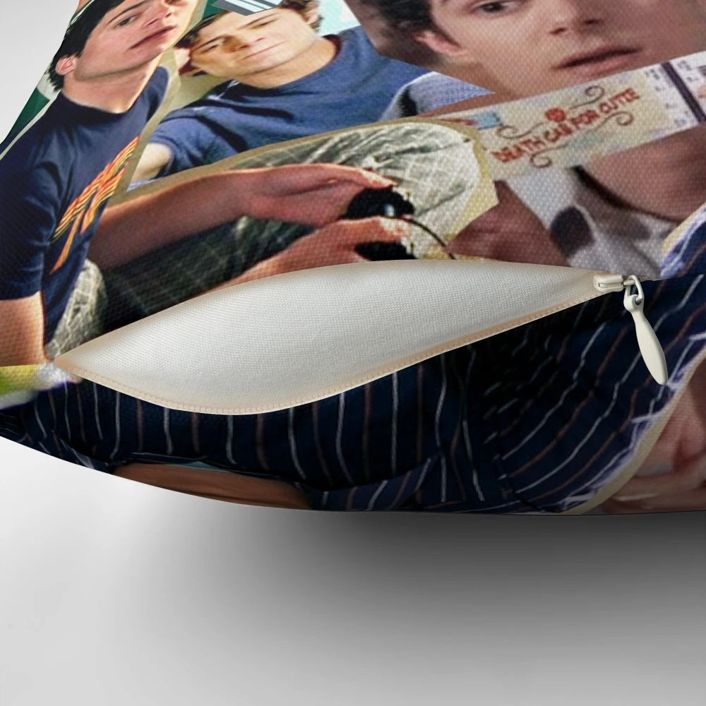 A collage of images featuring Seth Cohen, the iconic character from the TV show "The O.C.", printed on a soft, comfortable pillow.