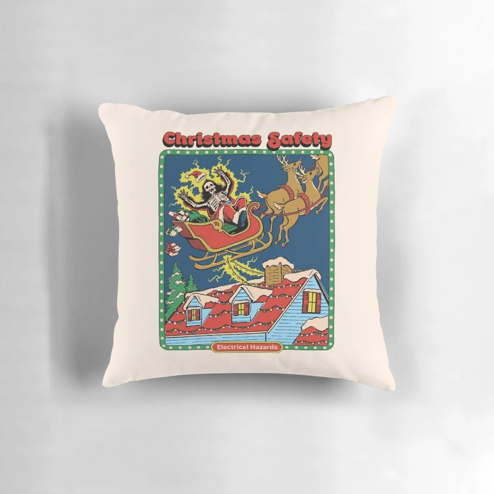 Vintage-inspired Christmas pillow with a humorous, dark twist