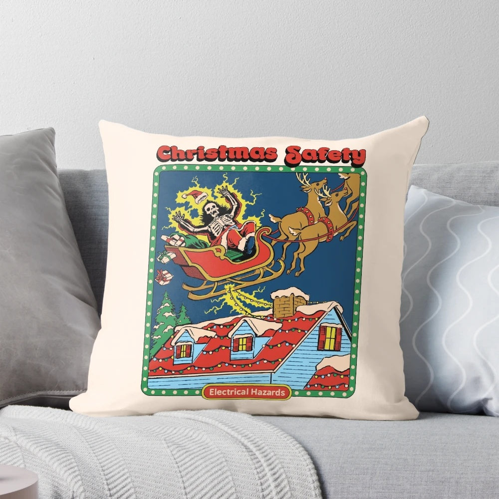 Vintage-inspired Christmas pillow with a humorous, dark twist