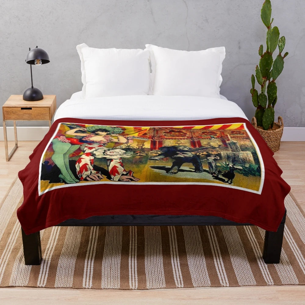 Vintage circus themed plush blanket with circus performers, animals, and vintage advertising