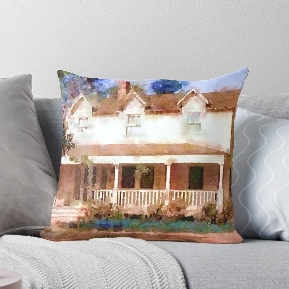 Vintage-style throw pillow featuring the iconic Waltons house from the beloved 1970s TV series.