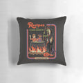 Retro vintage-style pillow featuring occult and horror-themed cooking recipes