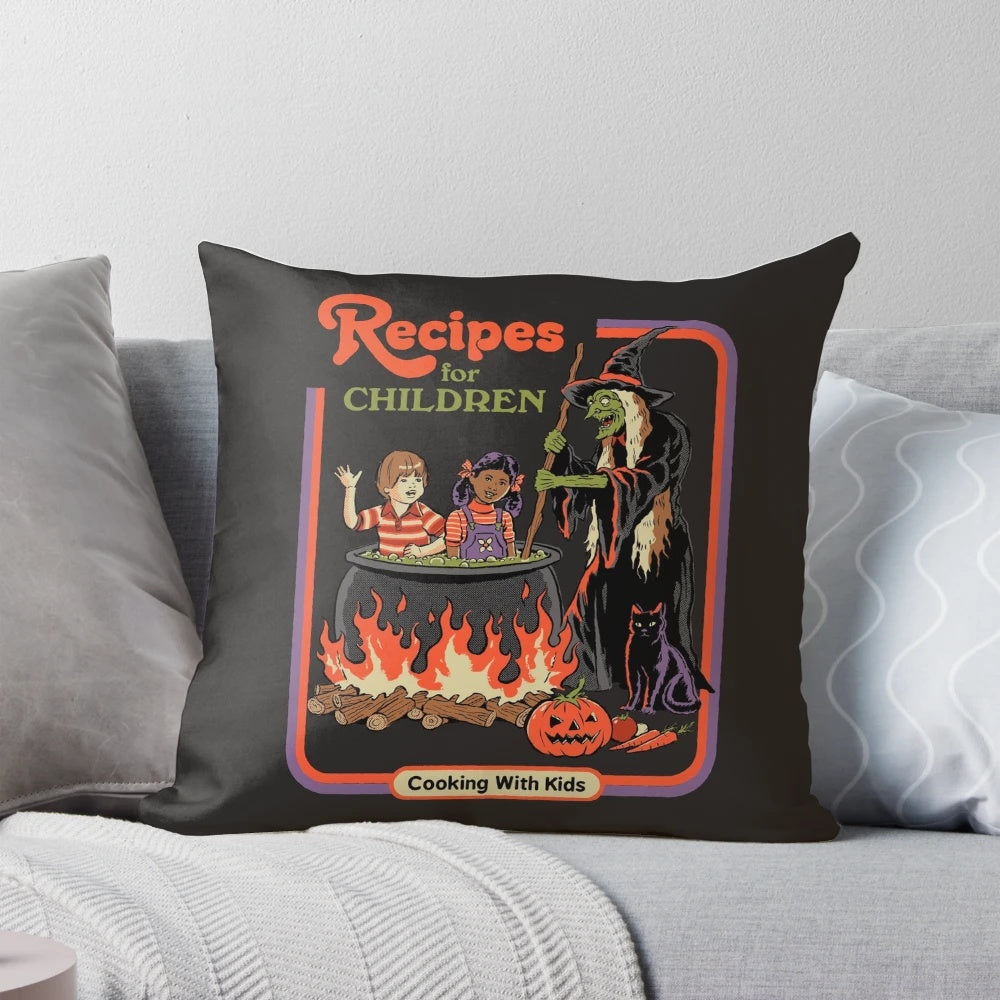 Retro vintage-style pillow featuring occult and horror-themed cooking recipes