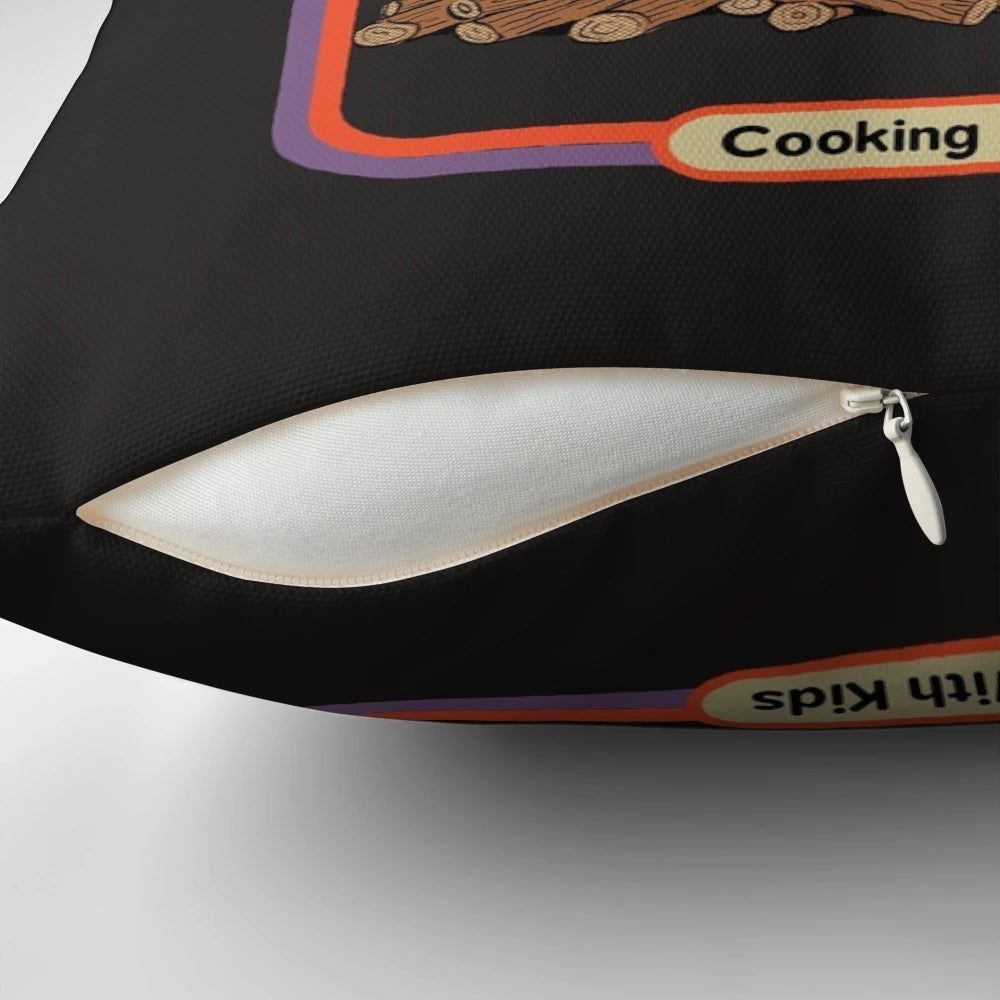 Retro vintage-style pillow featuring occult and horror-themed cooking recipes