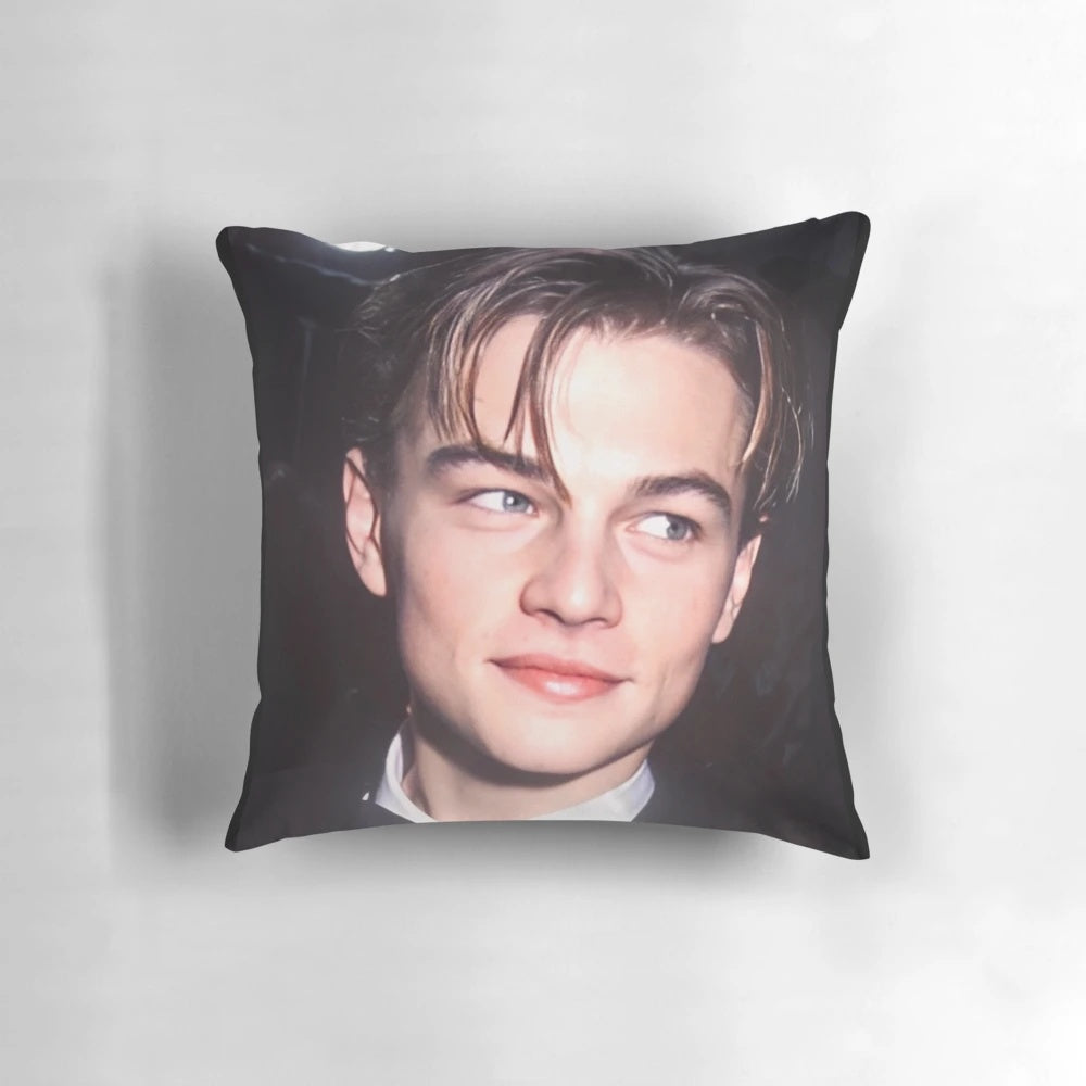 Soft, decorative pillow featuring a young, handsome Leonardo DiCaprio from his breakout roles in the 90s.