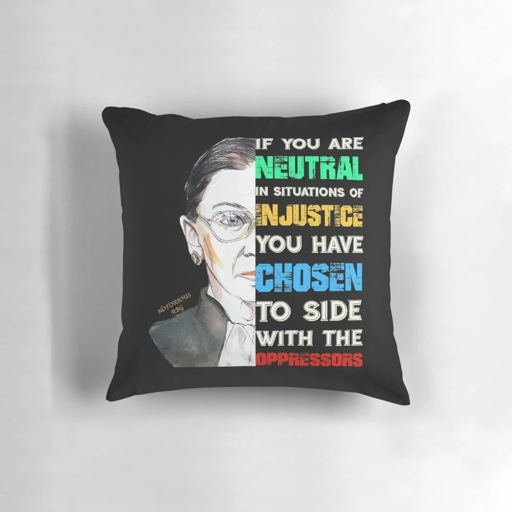 Pillow with Notorious RBG quote and image of Ruth Bader Ginsburg, a feminist and Supreme Court Justice.