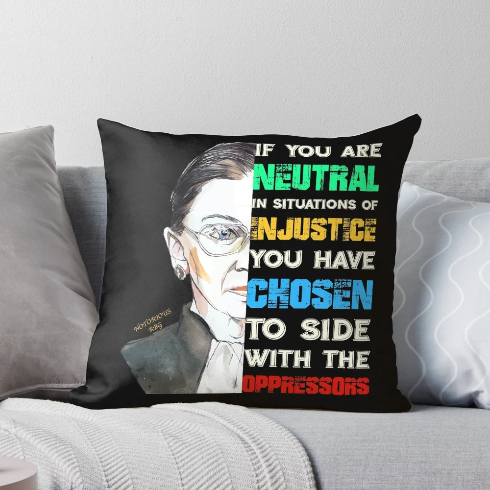 Pillow with Notorious RBG quote and image of Ruth Bader Ginsburg, a feminist and Supreme Court Justice.