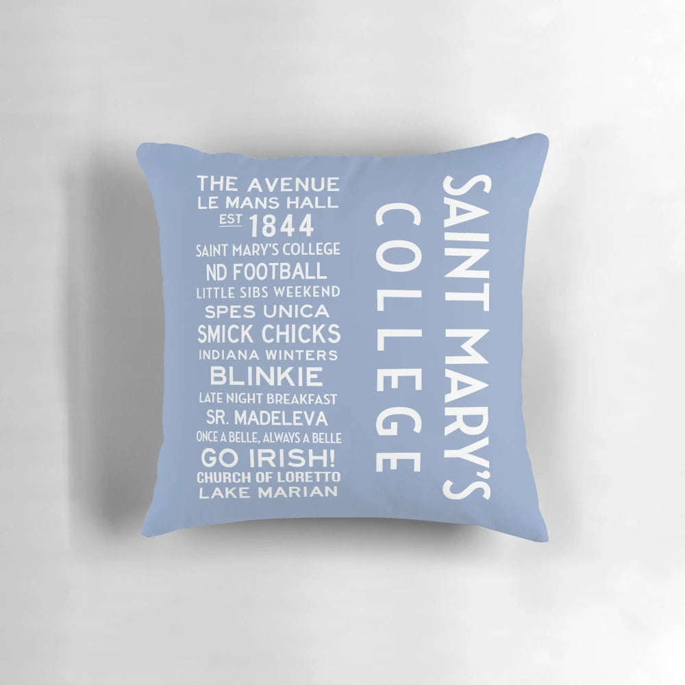 Notre Dame and Saint Mary's College inspired pillow featuring custom blue and white design