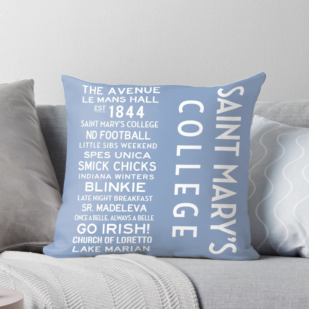 Notre Dame and Saint Mary's College inspired pillow featuring custom blue and white design