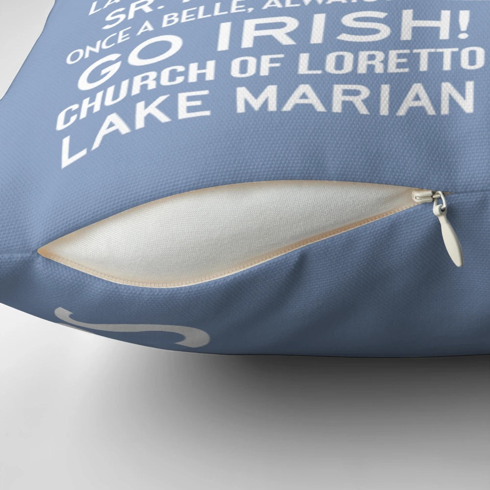 Notre Dame and Saint Mary's College inspired pillow featuring custom blue and white design