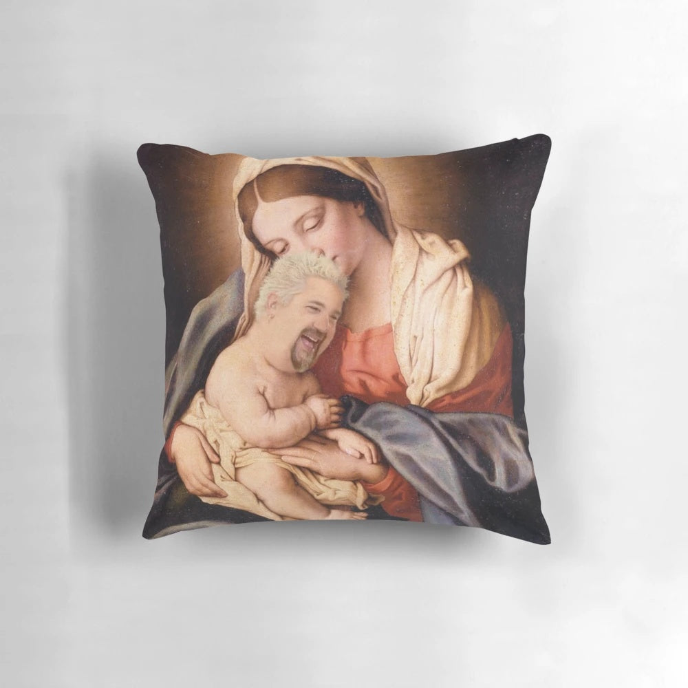 Playful baby Jesus pillow with Guy Fieri's signature look and style