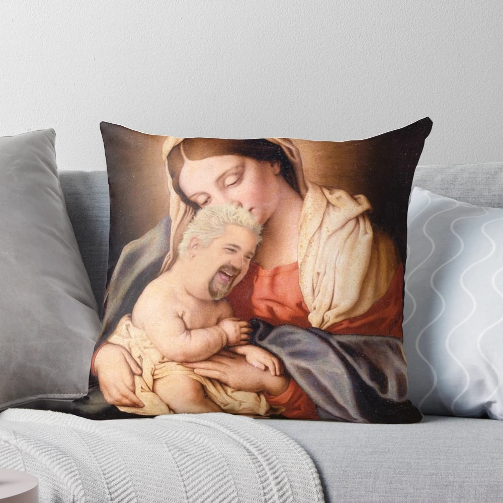 Playful baby Jesus pillow with Guy Fieri's signature look and style