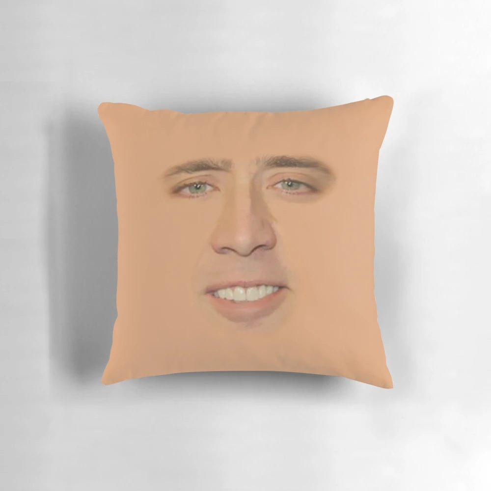 Artistic full-face image of actor Nicolas Cage printed on a soft, comfortable pillow.