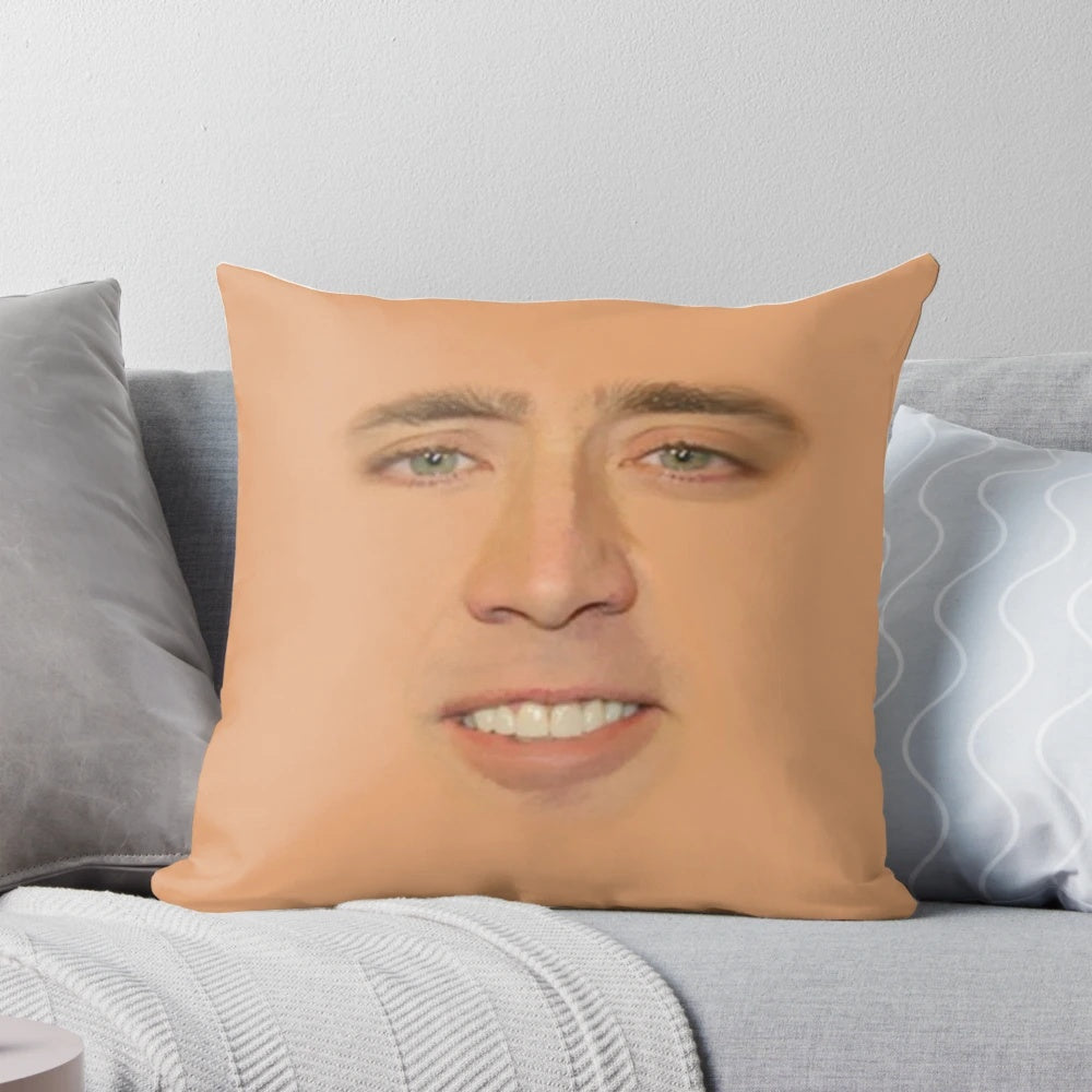 Artistic full-face image of actor Nicolas Cage printed on a soft, comfortable pillow.